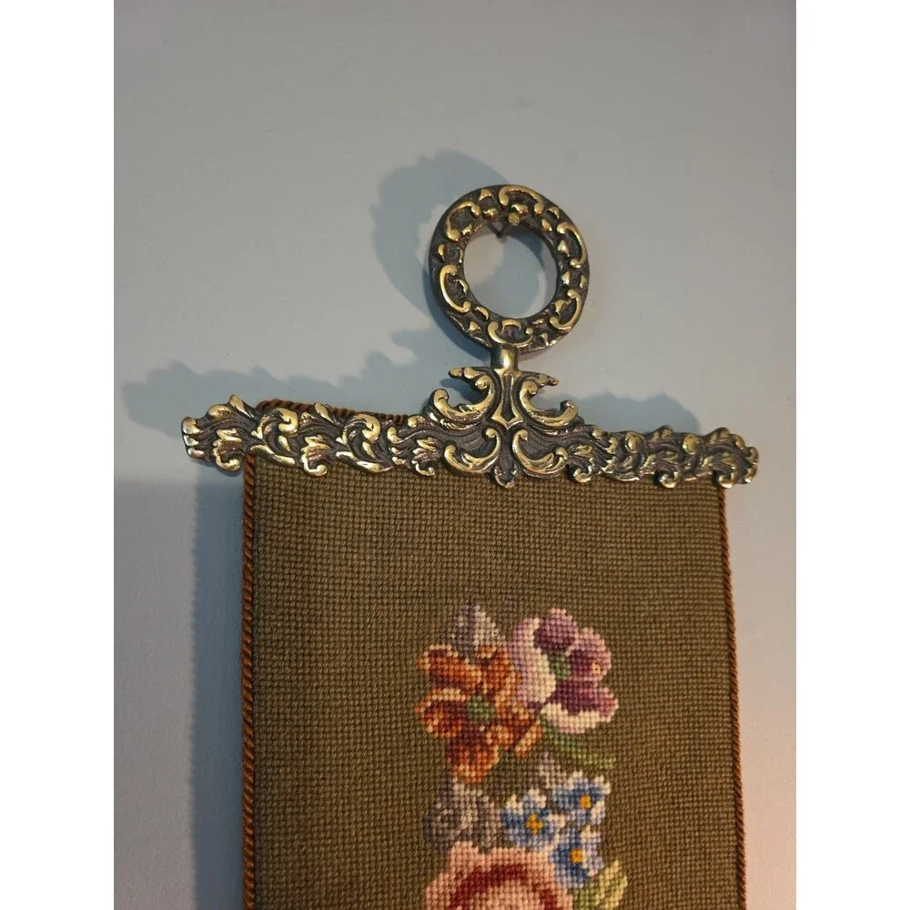 Vintage Embroidered Floral Tapestry Wall Decroative Hanging Brass Ends - 65
